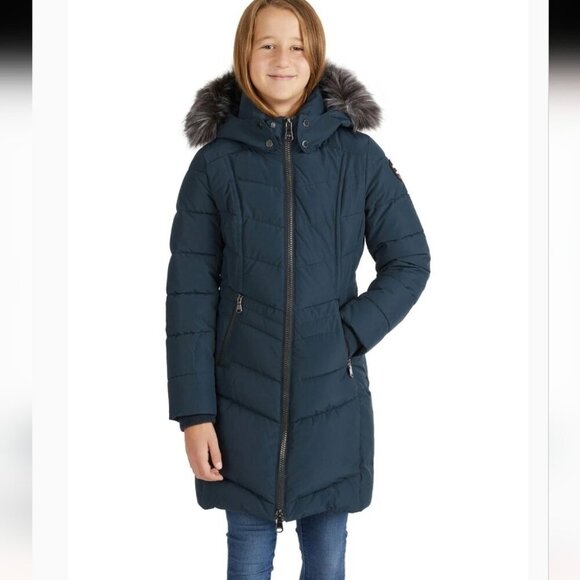 Girls Pajar Navy Midi Hooded Puffer Jacket with Faux Fur - Size 7/8 Like New - Picture 1 of 11